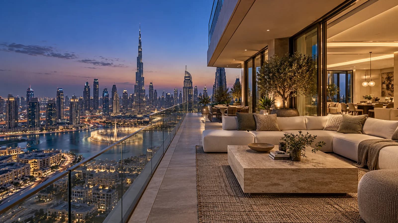 Illustrative Dubai terrace at blue hour