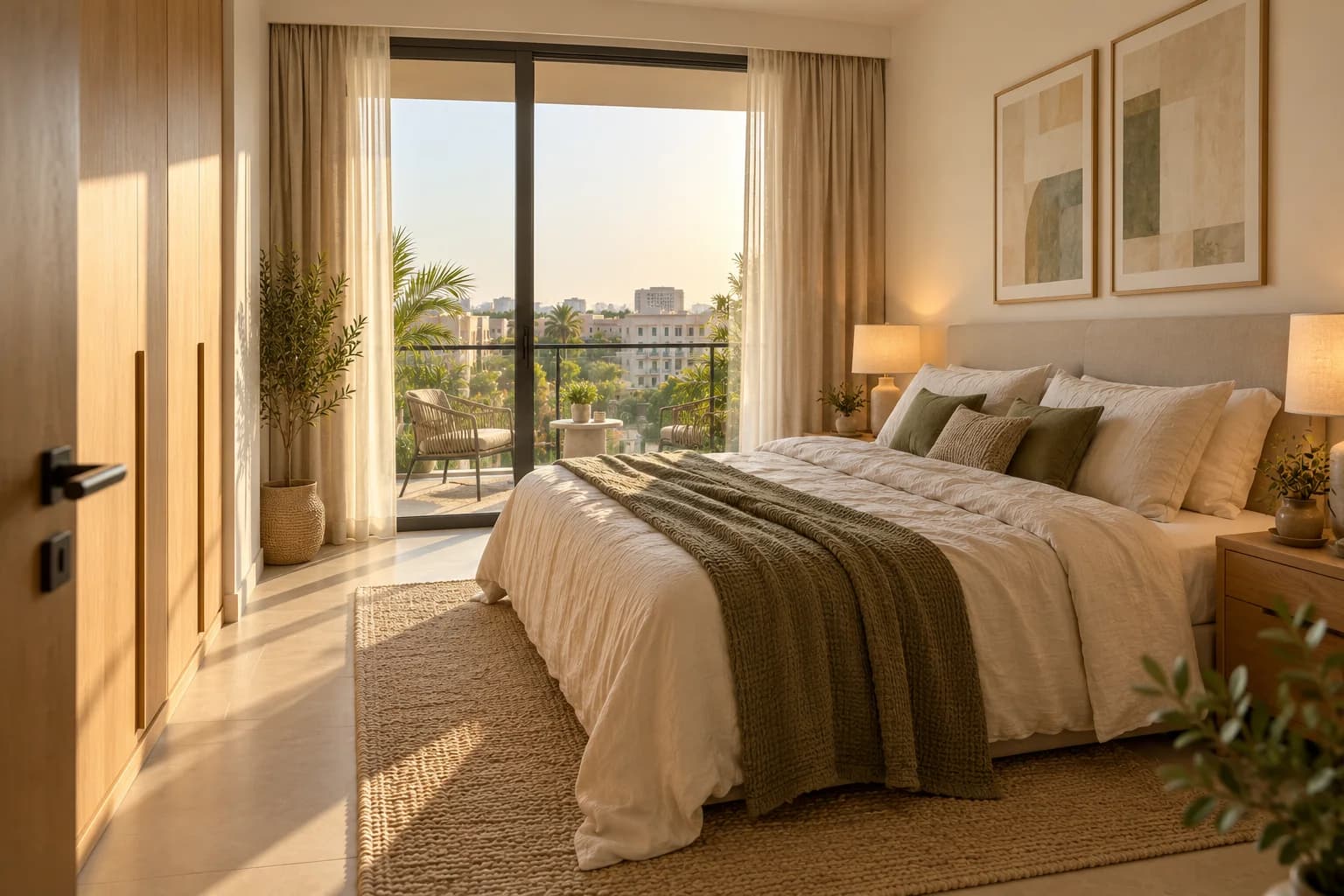 Illustrative bedroom with linen bedding and balcony access