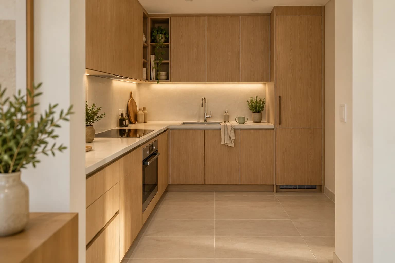 Illustrative compact fitted kitchen in warm oak