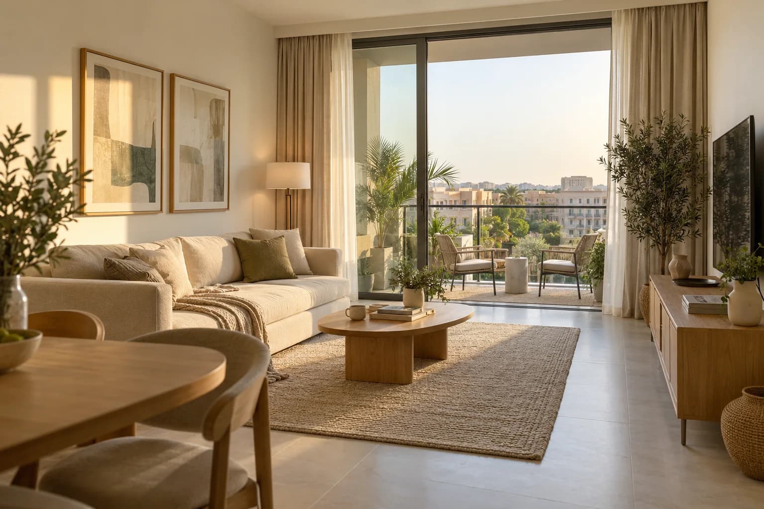 Illustrative sunlit living room with a balcony and oak furniture