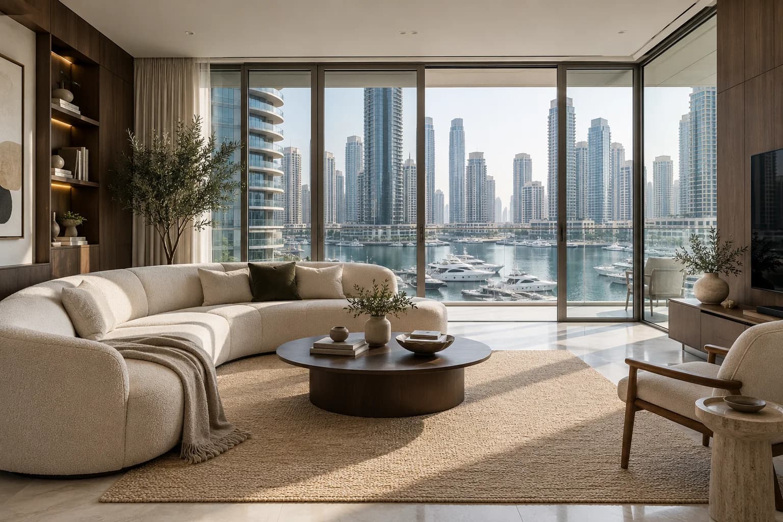 Illustrative marina apartment living room overlooking the water